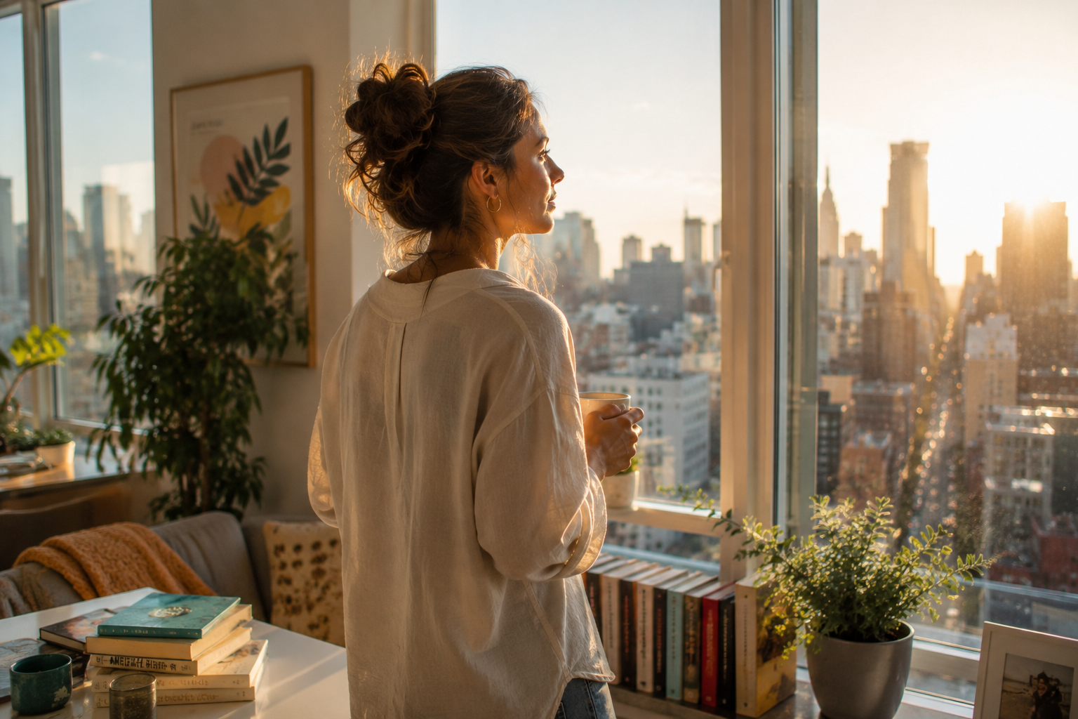 a woman looks through the window at home, reflects emotional depth and recovery, suggesting reflection on life and sobriety.png