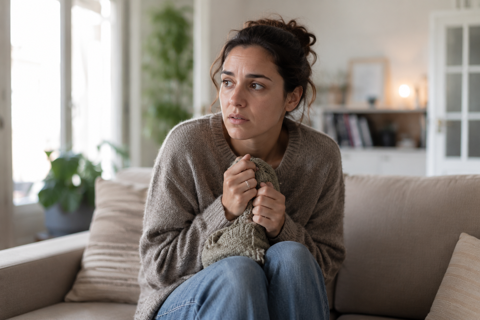 adult alone in a domestic setting (living room or bedroom), showing subtle signs of chronic anxiety and hypervigilance
