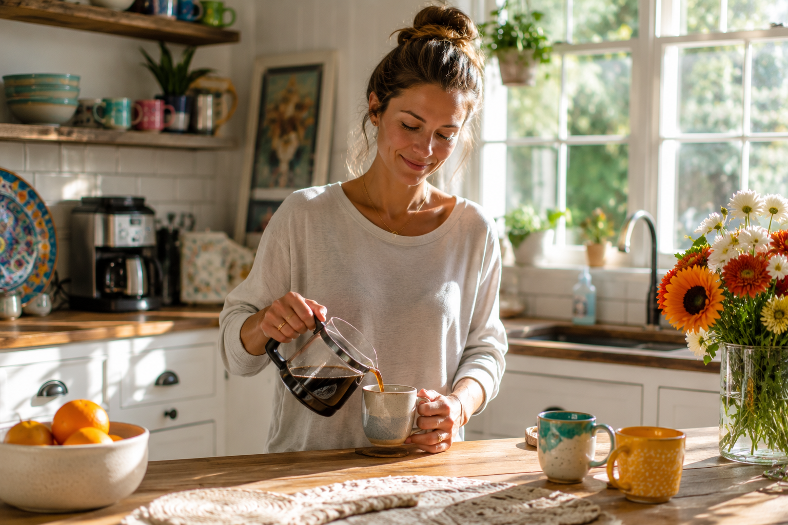 adult woman in a cozy kitchen in the morning, preparing coffee while sunlight streams through large windows. She appears calm, grounded, and present