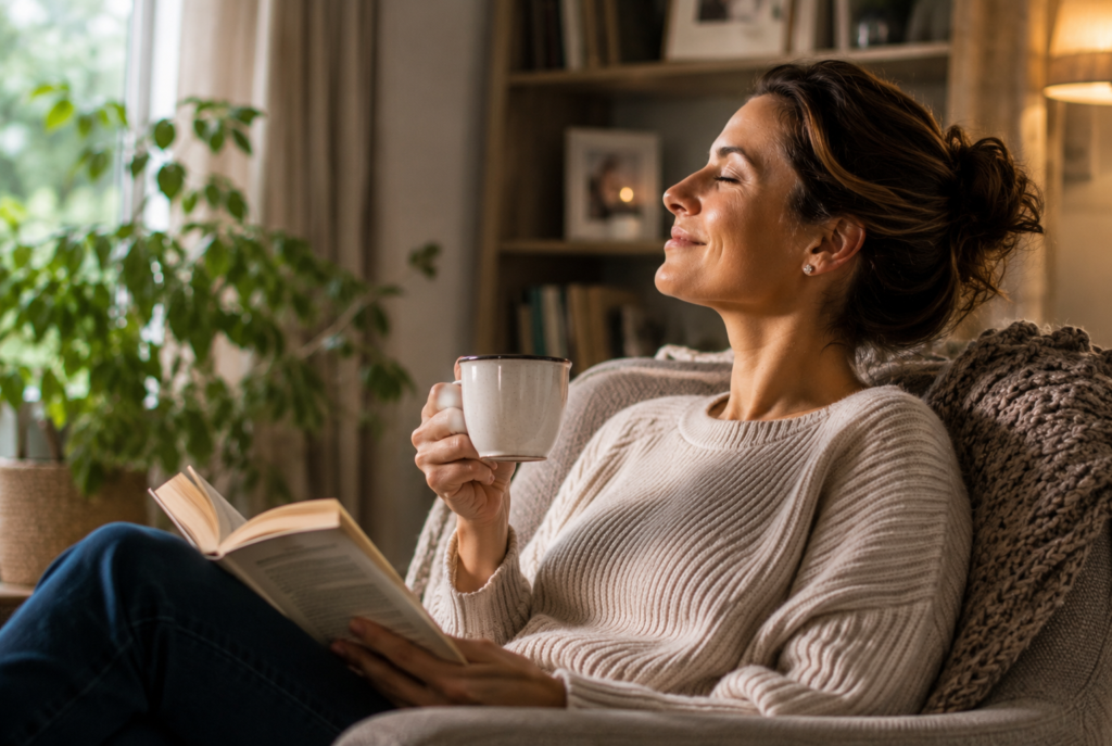 image of a woman reading a book at home, concept of self care and mental health, wellness