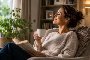 image of a woman reading a book at home, concept of self care and mental health, wellness