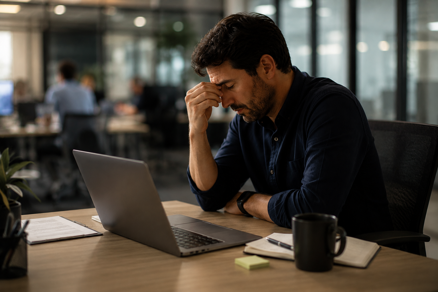 Adult professional at a desk, looking distracted or mentally fatigued, natural office lighting