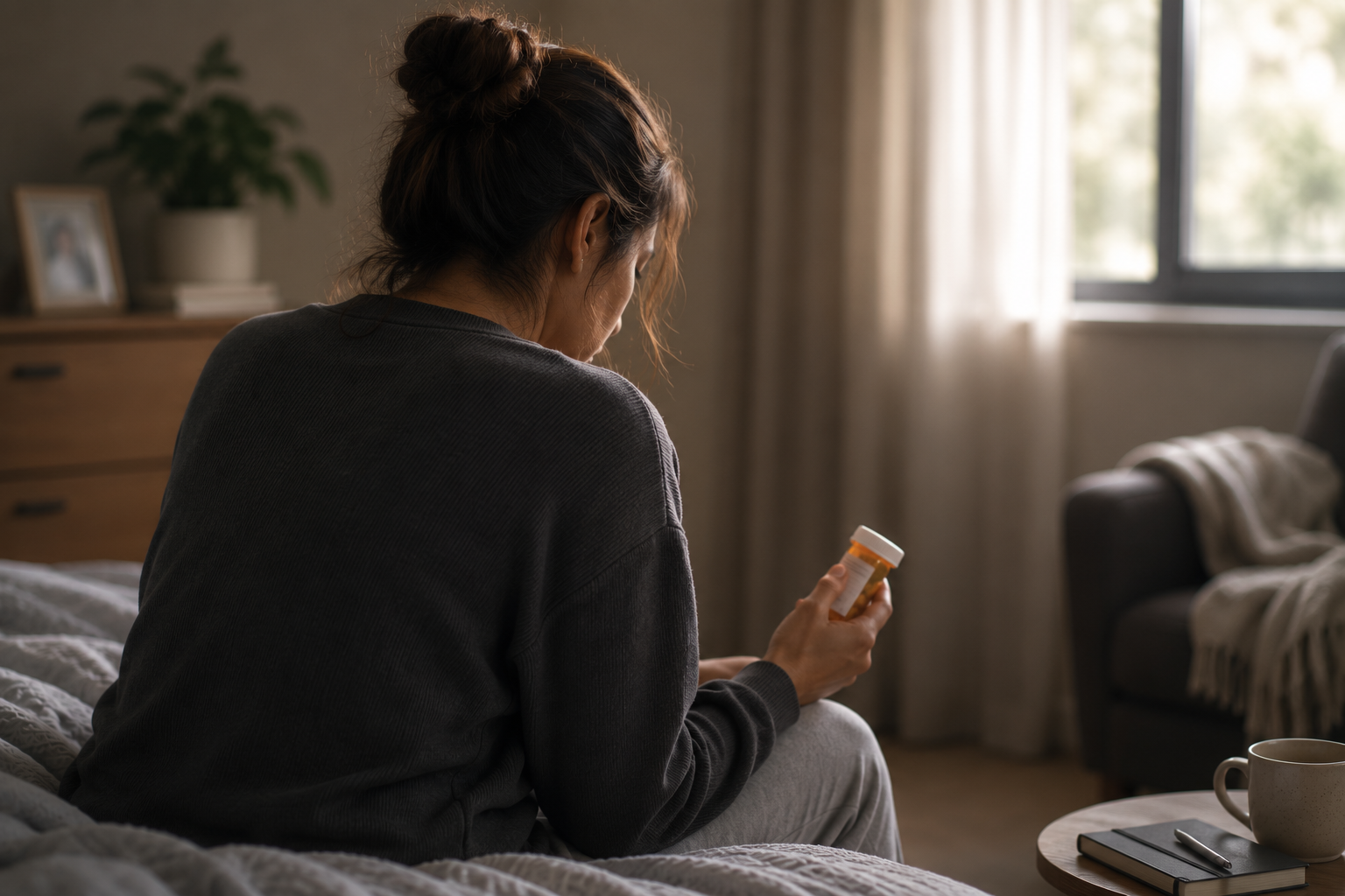 a woman seated in a home settin, holding a pill bottle in one hand. concept of addiction