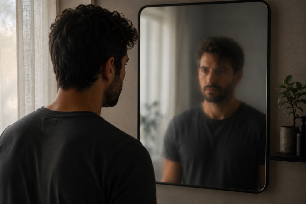 adult looking into a mirror, expression calm but reflective, with a slightly blurred or shadowed reflection to symbolize inner conflict