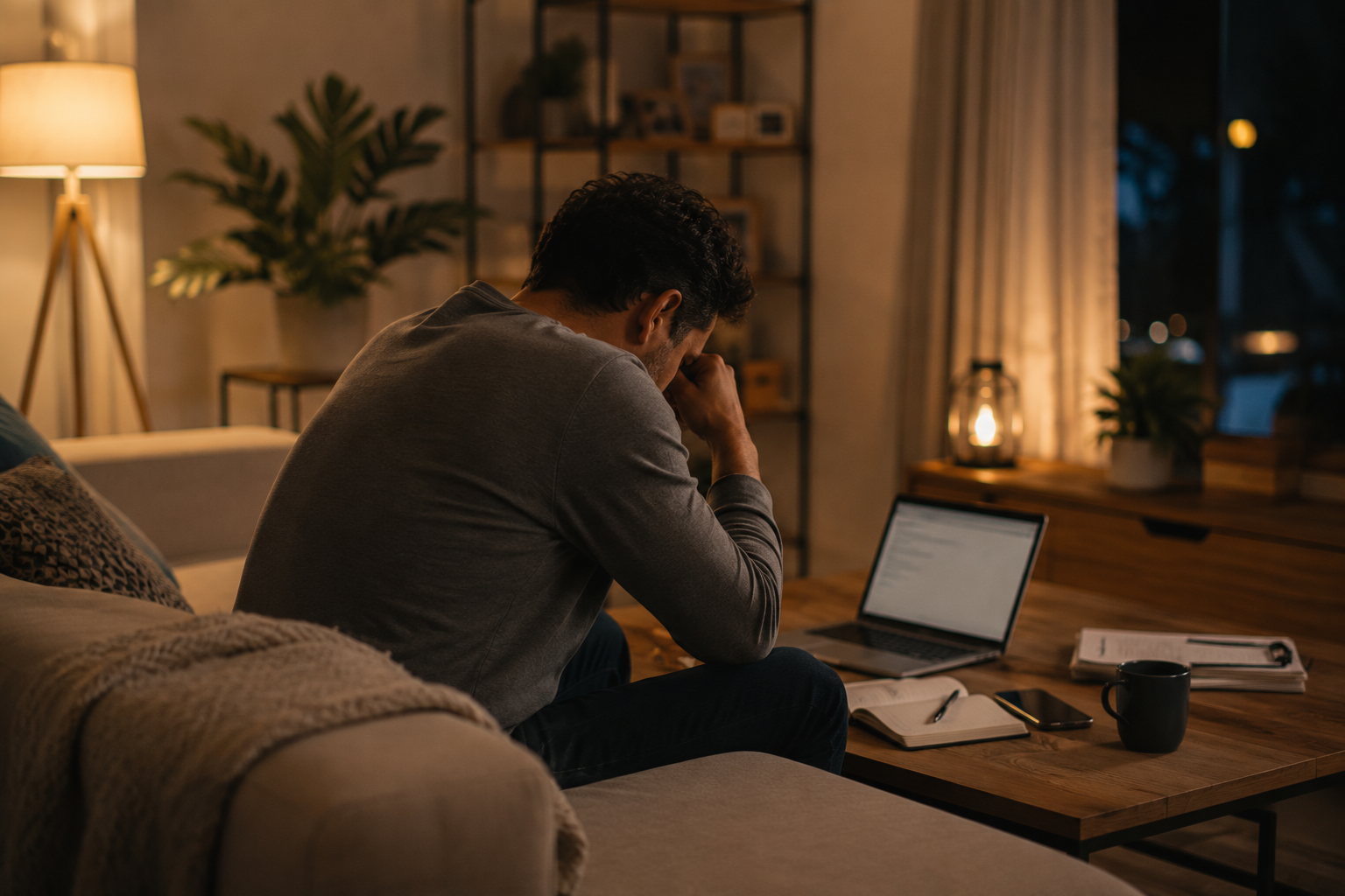 adult male at home, subtly showing emotional fatigue behind a high-functioning routine