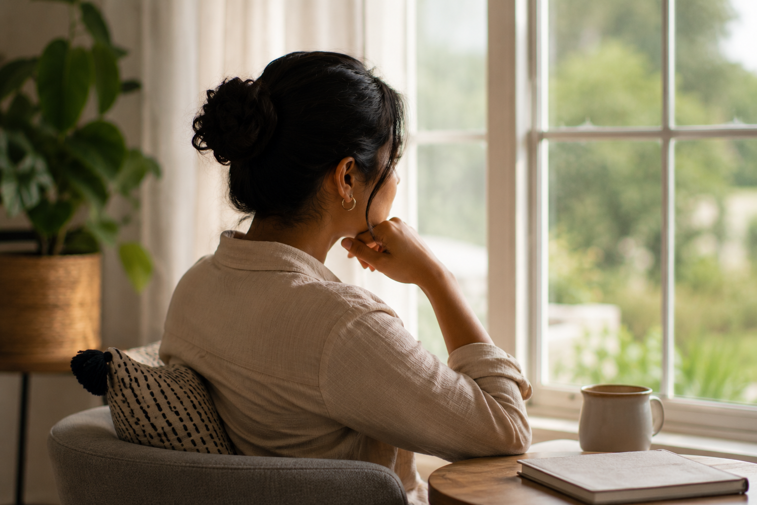 an adult woman pausing during her routine, suggesting a moment of reflection or awareness