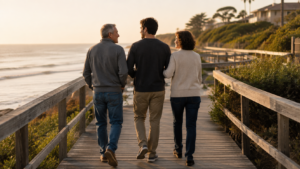 Three adults walking together along a seaside boardwalk at sunset, viewed from behind