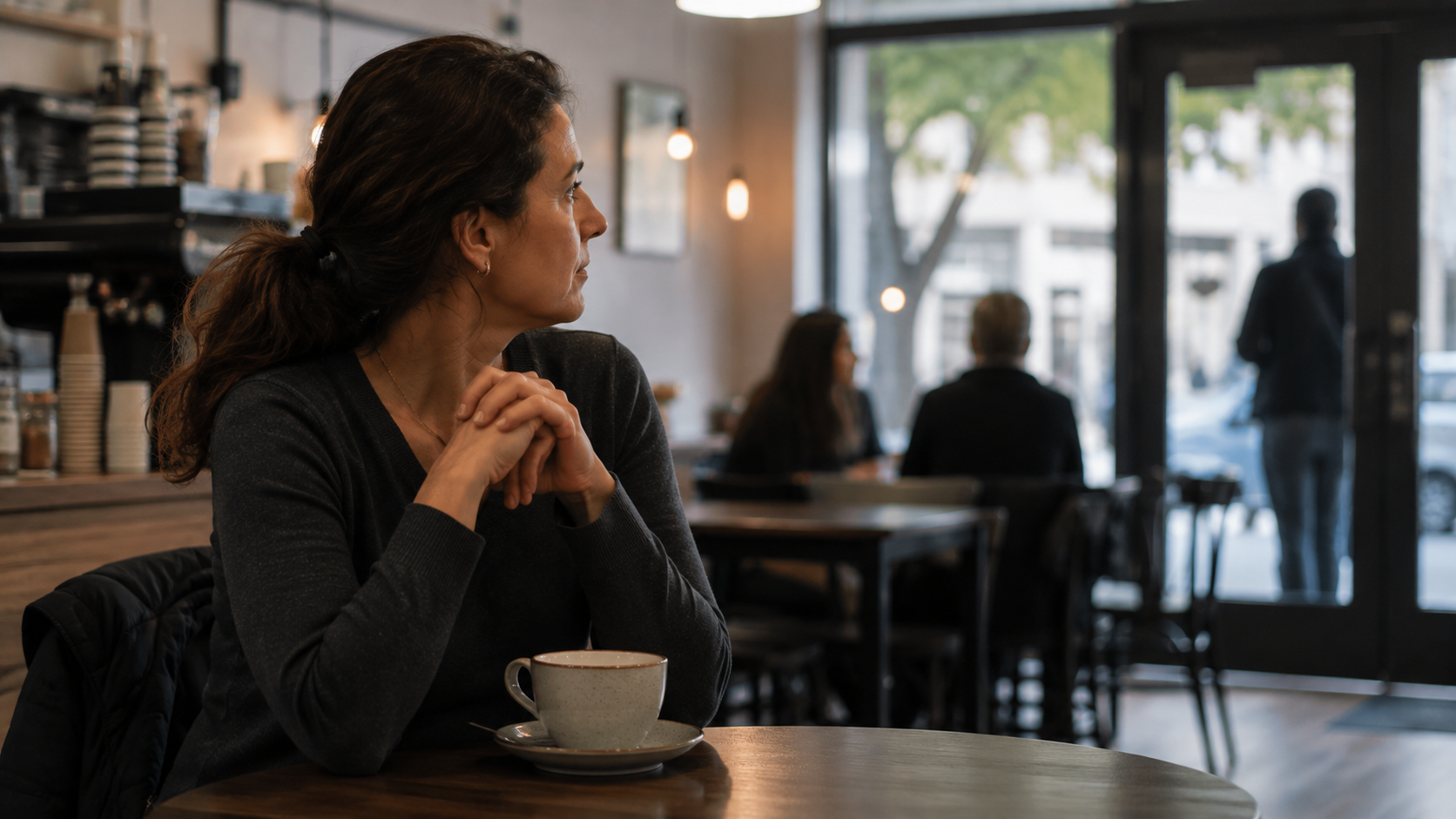 woman sits alone in a café, appearing thoughtful and withdrawn as she reflects on past trauma while looking toward the entrance