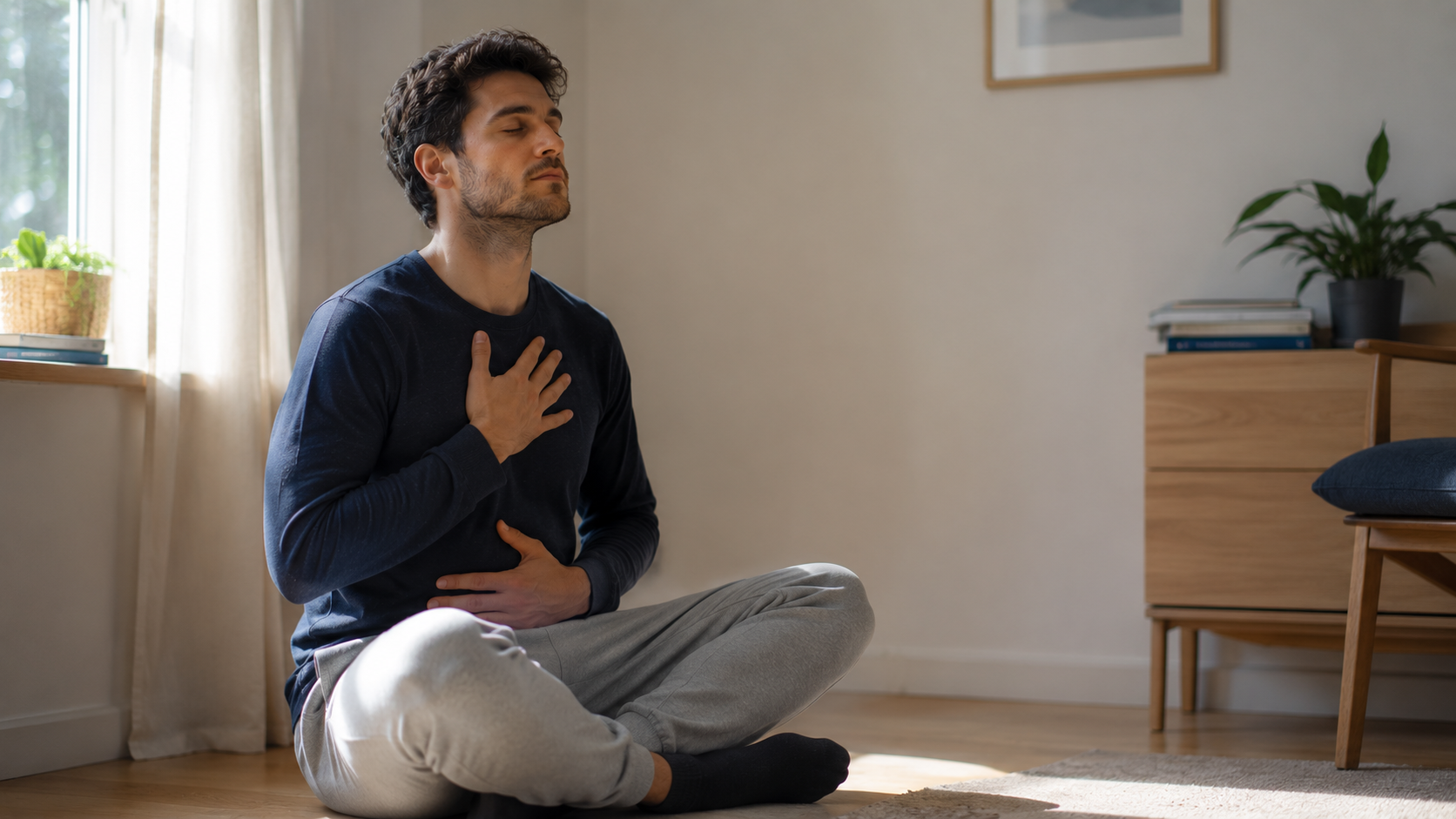 What happens in the body; image of a man sitting alone in a room, showing signs of distress