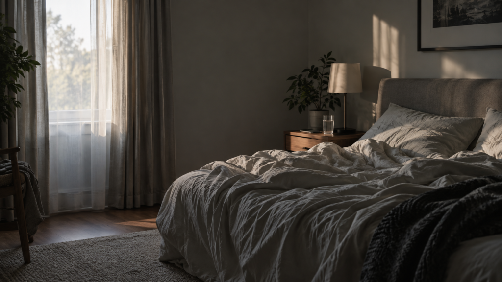 Unmade bed in a quiet bedroom with morning light, reflecting emotional conflict, fatigue and difficult patterns