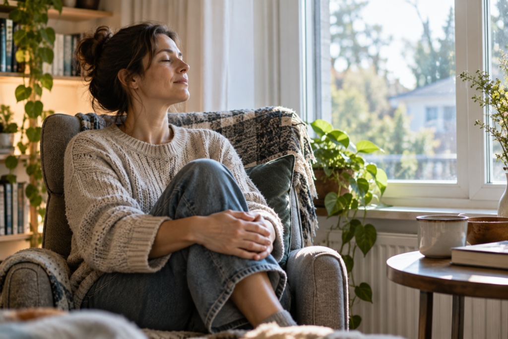 Woman sitting by a window with her eyes closed, taking a quiet moment to calm her nervous system