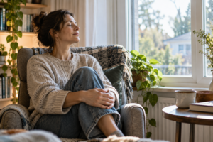 Woman sitting by a window with her eyes closed, taking a quiet moment to calm her nervous system