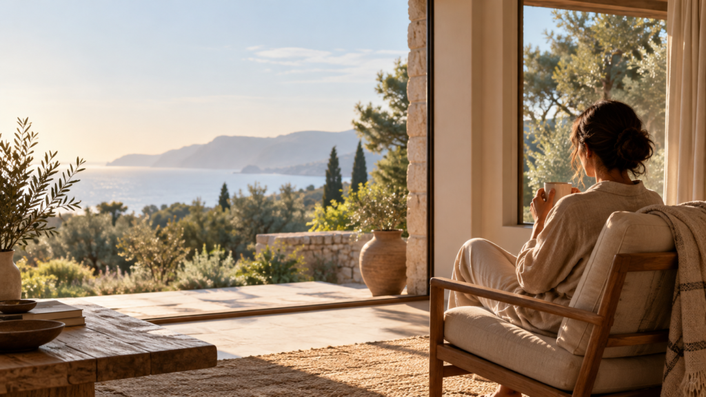 Sober October reflection in a sunlit Mediterranean home with a person enjoying a quiet morning