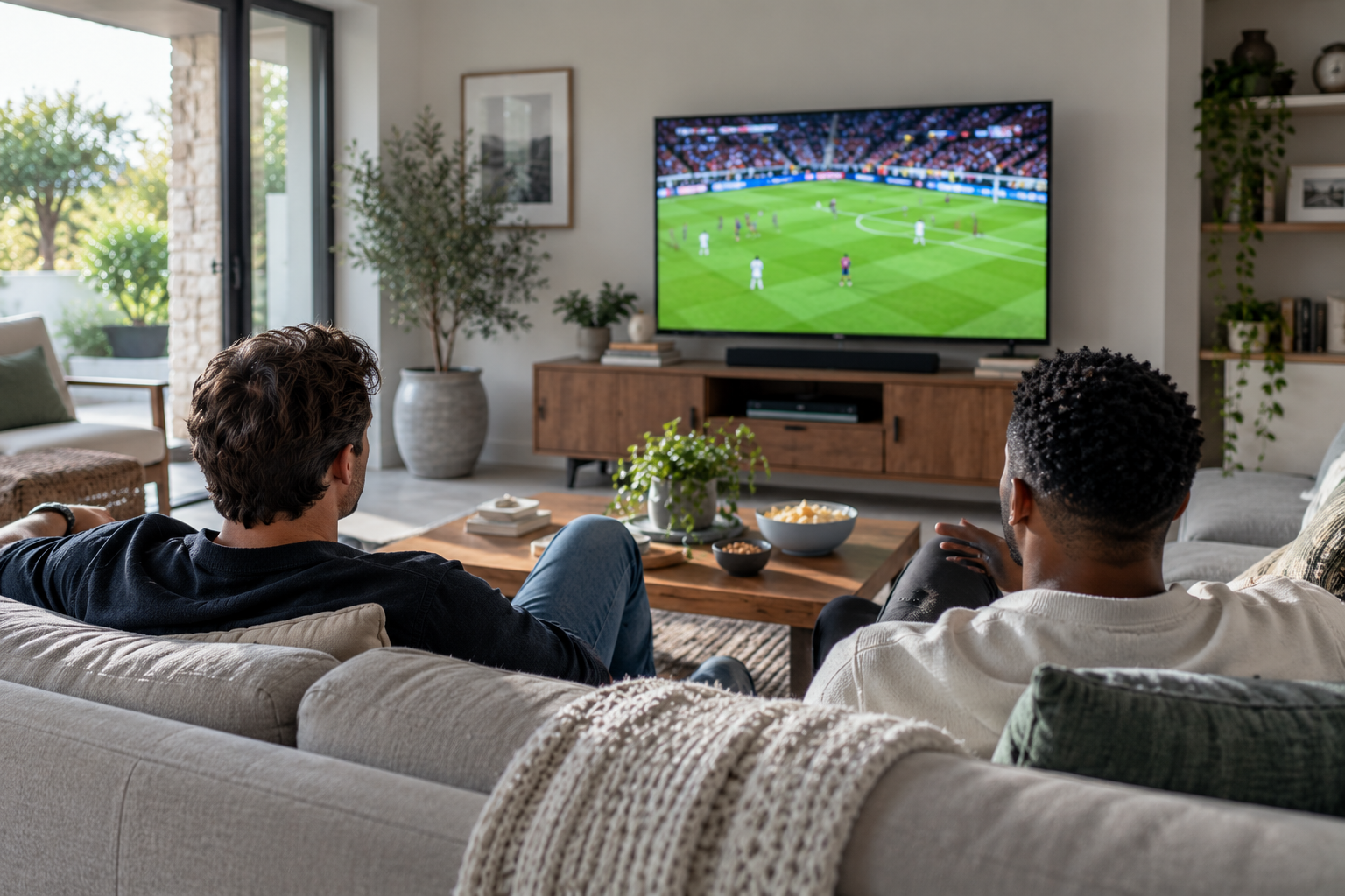 friends sitting on a sofa in a modern living room, watching football together, reflecting friendship, connection, and peer support in recovery