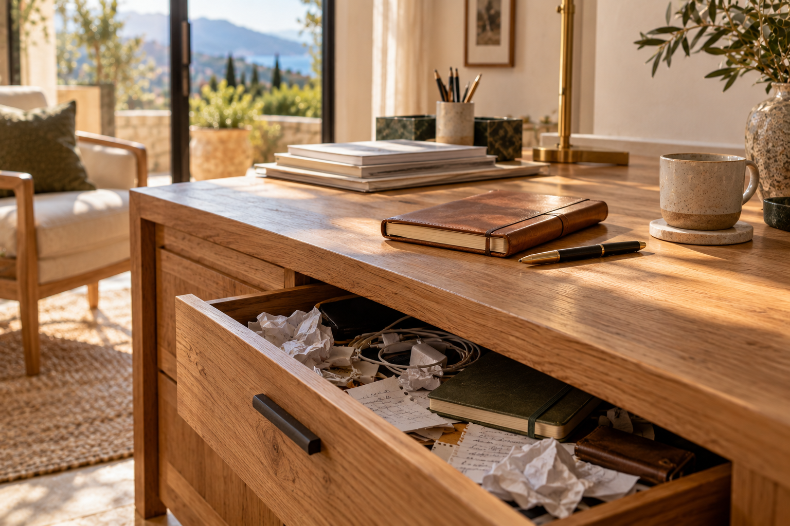 organised oak work desk with a leather notebook and coffee cup contrasts with an open drawer filled with scattered papers and journals, symbolising the hidden struggles behind an outwardly successful life