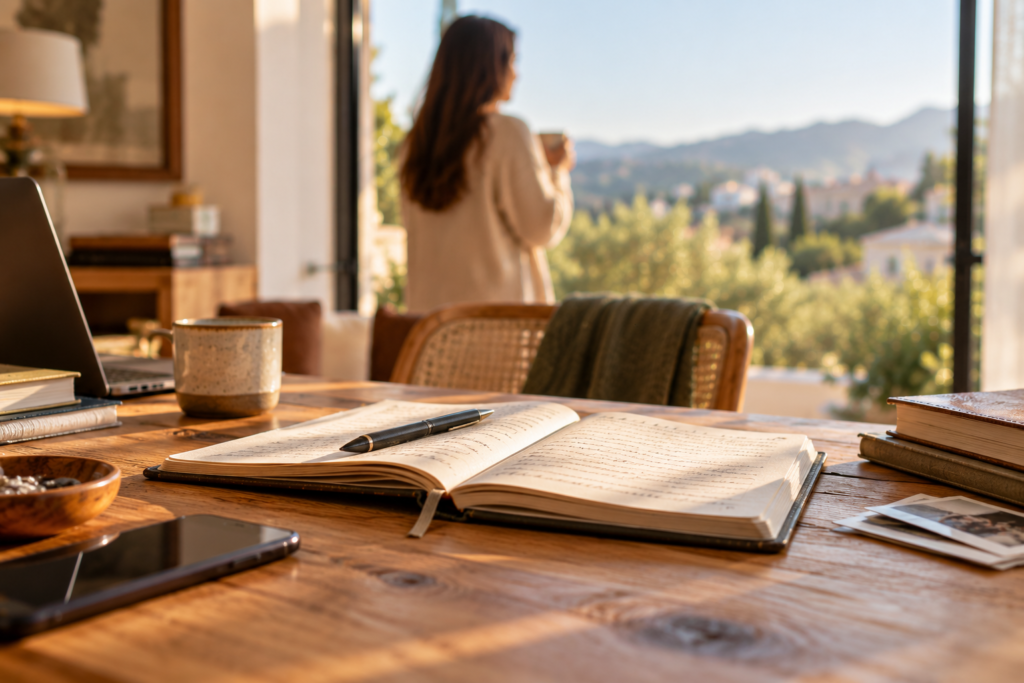 An open personal journal and pen on a sunlit wooden desk, with a woman drinking coffee by a window in the softly blurred background, reflecting on lived experiences and mental health recovery